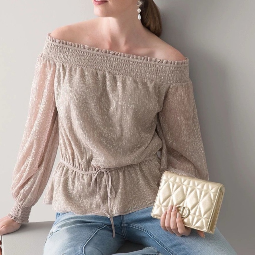 White House Black Market Off the Shoulder Smocked Blouse Top Pink Shimmer Gold